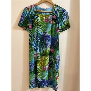 Maggy London Silk Dress Blue Tropical Print Sheath Short Sleeve Dress Women's 2